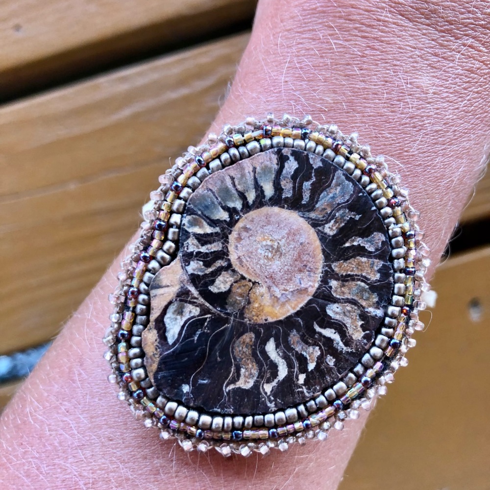 One of a kind Natural Ammonite Fossil Spiral beaded bracelet.